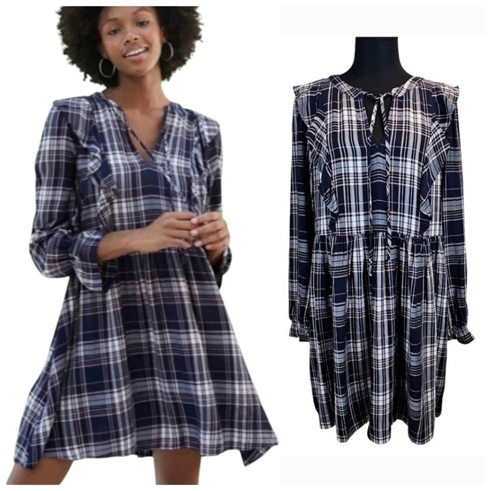 LOFT Plaid Ruffle Swing Dress Navy Womens Sz Medium Farmcore Country Babydoll